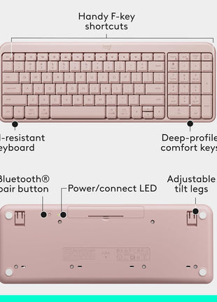 Logitech MK250 Compact Bluetooth Wireless Keyboard and Mouse Combo - Rose | Bluetooth connection only, compact keyboard with number pad, small ambidextrous M196 mouse with 3 non-customizable buttons