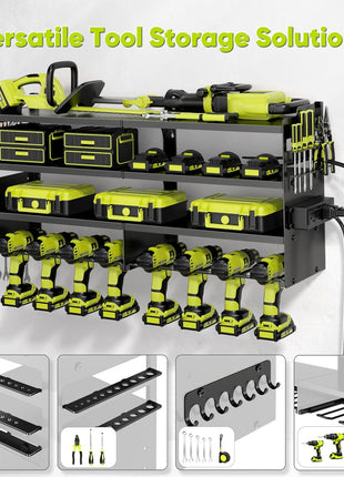 POKIPO Large Power Tool Organizer Wall Mount with Charging Station,4 Layer Heavy Duty Metal Tool Storage Rack Loads 600lbs with 8 Cordless Drill Holder,Battery Utility Rack Loads with 4 Power Strip