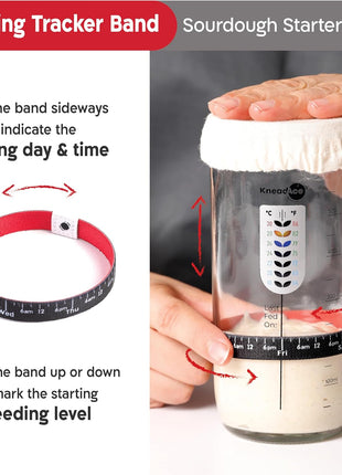 KneadAce Sourdough Starter Jar With Date Marked Feeding Band, Thermometer, Sourdough Jar Scraper, Sourdough Container Sewn Cloth Cover & Metal Lid, Sourdough Starter Kit