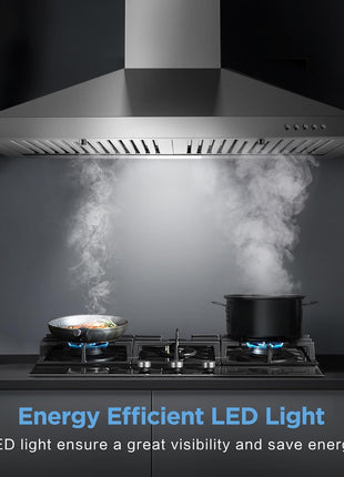 24 Inch Range Hood, Wall Mount Vent Hood in Stainless Steel with Ducted/Ductless Convertible Duct, 3 Speed Exhaust Fan, Energy Saving LED Light, Push Button Control, 2 Pcs Baffle Filters