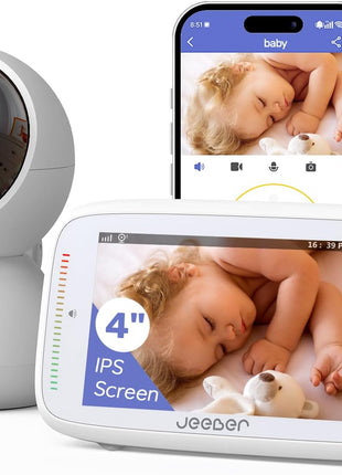 1080P WiFi Baby Monitor with Camera and Audio, Pan-Tilt-Zoom Video Camera, 4'' IPS Screen, HD Night Vision, Motion & Cry Detection, 360° View, Temperature Sensor, Feeding Reminder, Lullabies