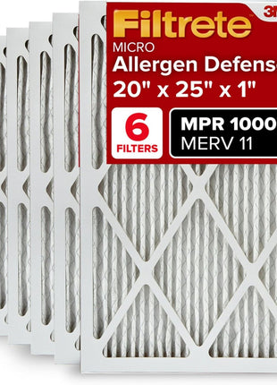 Filtrete 20x25x1 AC Furnace Air Filter, MERV 11, MPR 1000, Micro Allergen Defense, 3-Month Pleated 1-Inch Electrostatic Air Cleaning Filter, 6 Pack (Actual Size 19.69 x 24.69 x 0.81 in)