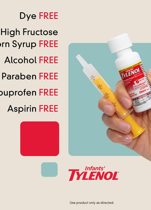 Infants' Tylenol Liquid Pain Relief and Fever Medicine, Oral Suspension, Dye Free Acetaminophen for Sore Throat, Headache & Teething, Fever Reducer for Kids; Cherry Flavor, 2 fl. oz.; Pack of 1
