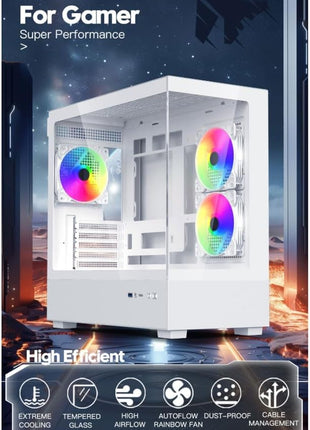 DIYPC ARGB-N1-W White USB3.0 /Type C Micro ATX Gaming Computer Case w/Frameless Dual Tempered Glass Panel and 3 x ARGB 120mm Fans (Pre-Installed). Support 4090TI GPU and 360mm AIO