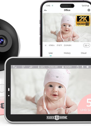 PARIS RHÔNE Video Baby Monitor, 2K UHD WiFi Camera, Night Vision, 5inch Smart Baby Monitor with App Control, Motion and Cry Detection, AI Tracking, Three-Way Audio, RGB Night Light, Lullabies