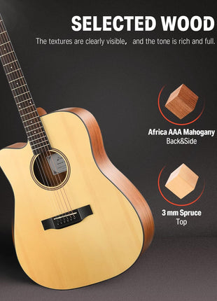 Donner Left Handed Acoustic Guitar Kit for Beginner Adult Full Size Cutaway Lefty Acustica Guitarra Bundle Set with Bag Strap Tuner Capo Pickguard String, 41 Inch, DAG 1CL