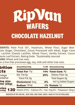 Rip Van Chocolate Hazelnut Wafer Cookies, Keto, Non-GMO, Healthy Snacks, Low Carb & Low Sugar (2g), Low Calorie, Vegan, 16 Count