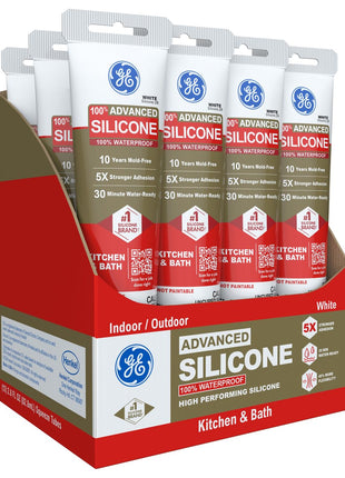 GE Advanced Silicone Caulk for Kitchen & Bathroom, Clear, 2.8 fl oz Tube, 1 Pack - 100% Waterproof Silicone Sealant, 5X Stronger Adhesion, Shrink & Crack Proof