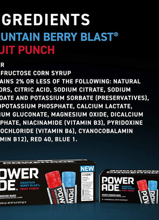 POWERADE Sports Freezer Bars, 1.5 oz, Refreshing Ice Pops with Electrolytes B Vitamins, Naturally Flavored with Other Natural Flavors, Mountain Berry Blast and Fruit Punch, 70 Count