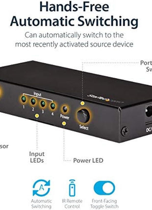 StarTech.com HDMI 2.0 Switch - 4 Port - 4K 60Hz - HDMI Automatic Video Switch Box - Multi Port Hub w/ 1 In 4 Out Functionality (VS421HD20)