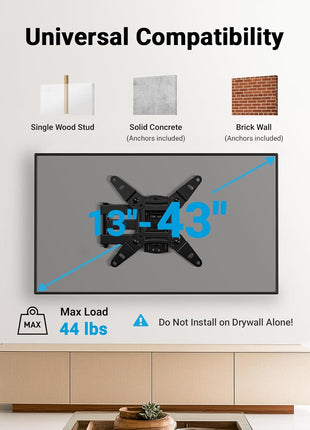 Pipishell Full Motion TV Wall Mount for Echo Show 21/15 and 13-43 Inch Flat Curved Screen TVs & Monitors, Max VESA 200x200mm up to 44lbs, TV Mount Wall Bracket with Rotation Swivel Tilt Extension