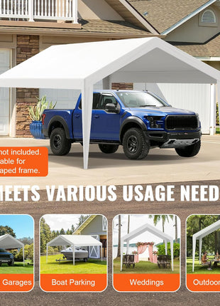 VEVOR Carport Replacement Canopy Cover 10 x 20 ft, Garage Top Tent Shelter Tarp Heavy-Duty Waterproof & UV Protected, Easy Installation with Ball Bungees,White (Only Top Cover, Frame Not Include)