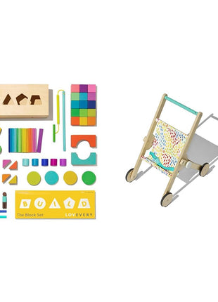Lovevery 70-Piece Solid Wood Building Block Set, Shapes, Storage Box + Wooden Toy Stroller for Pretend Play, Ages 12 Months+