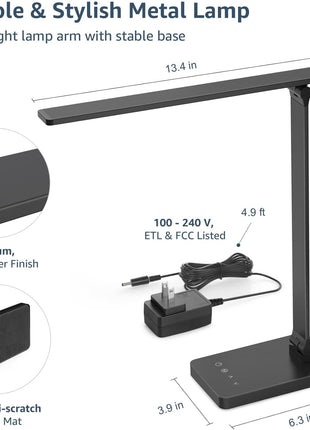 Lepro Desk Lamp with USB Charging Port for Home Office, 650LM 9.5W, Black | Dimmable Task Light, 5 Colors 5 Brightness, Eye Caring Table Lamp for Dorm Room, Sewing, Crafting, Reading, Nail, Drafts