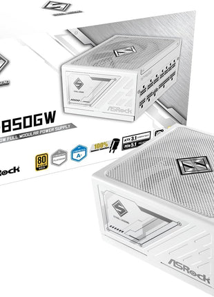 ASRock Steel Legend White Edition SL-850GW 850W ATX 3.1 PCle 5.1 Full Modular 10 Years Warranty 135 mm FDB Fan iCOOL Intelligent Power Supply 80 Plus Gold Cybenetics Platinum 12V-2x6 Cable