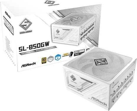 ASRock Steel Legend White Edition SL-850GW 850W ATX 3.1 PCle 5.1 Full Modular 10 Years Warranty 135 mm FDB Fan iCOOL Intelligent Power Supply 80 Plus Gold Cybenetics Platinum 12V-2x6 Cable