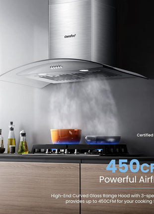 COMFEE' 30 Inch Wall Mount Range Hood, 450 CFM Ductless/Ducted Convertible | Island Range Hood 3-Speed Exhaust Fan, Curved Glass Stainless Steel Kitchen Vent Hood, 2 Baffle Filters, 2 LED Lights