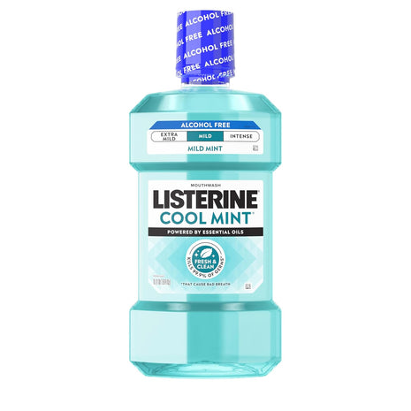 Listerine Cool Mint Alcohol Free Mouthwash, Mild Mint, 33.8 fl. oz/1 L | Kills 99.9% of Germs That Cause Bad Breath, Less Intense Taste with No Burn, Dentist Recommended Oral Rinse