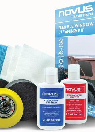 Novus Plastic Polish | Flexible Window Kit | One 3 inch Backing Pad for Drill, One 3 inch Green Foam Pad, One 3 inch Black Foam Pad, 1, 2, Three Polish Mate Wipes, One Microfiber Towel