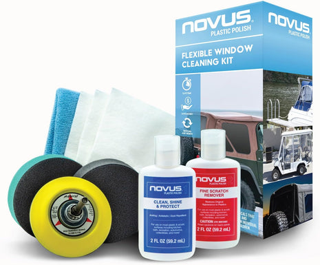 Novus Plastic Polish | Flexible Window Kit | One 3 inch Backing Pad for Drill, One 3 inch Green Foam Pad, One 3 inch Black Foam Pad, 1, 2, Three Polish Mate Wipes, One Microfiber Towel
