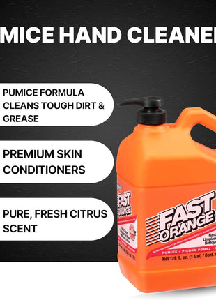 Fast Orange 25219 Pumice Lotion, Heavy Duty Hand Cleaner, Natural Citrus Scent, Waterless Cleaner for Mechanics, Strong Grease Fighter, 1 Gallon
