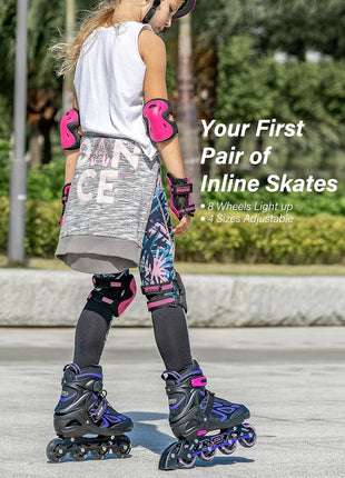 2PM Sports Vinal Girls Adjustable Flashing Inline Skates, All Wheels Light Up, Fun Illuminating Skates for Kids Men Adult Women and Boys