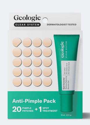 Geologie Clear System Anti-Pimple Pack, 20 Hydrocolloid Patches, Spot Treatment Gel with 5% Sulfur, Fast-Acting Acne Care