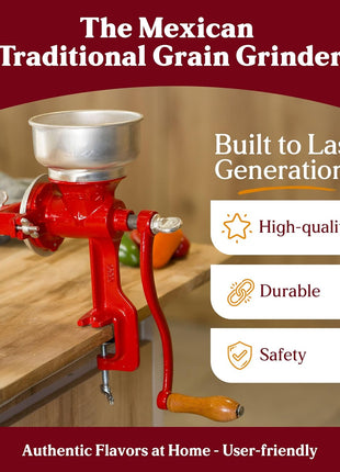 Estrella Cast Iron Manual Corn Grinder, Hand Grain Mill, Molino de Maiz Manual, Red Molino for Corn, Nixtamal, Masa, Coffee & Spices