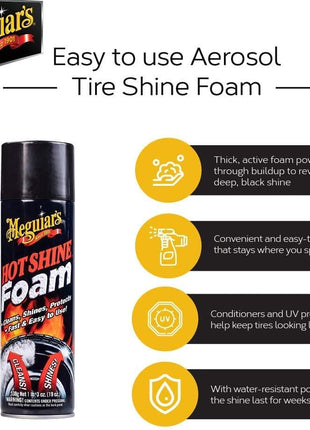 Meguiar's Hot Shine Tire Foam, High Gloss Tire Shine That Cleans, Shines, and Protects in One Step, Deep, Black Shine with Conditioners and UV Protection, Best Gifts for Car Lovers, 19 Oz Aerosol