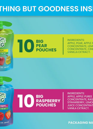 GoGo squeeZ BIG Applesauce & Fruit Puree with Vanilla and Cinnamon Variety Pack, Pear & Raspberry, 4.2 oz. (Pack of 20), Unsweetened Fruit Snacks for Kids, Gluten Free, Nut Free, Dairy Free Pouches
