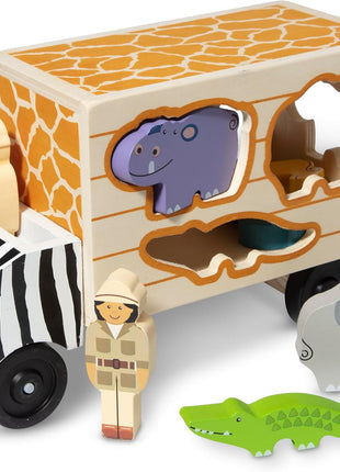 Melissa & Doug Animal Rescue Shape-Sorting Truck - Wooden Toy with 7 Animals and 2 Play Figures