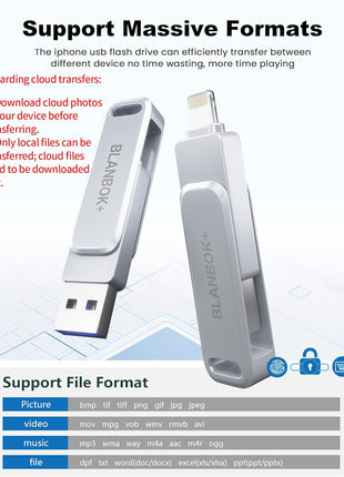 MFi Certified 256GB Flash Drive for iPhone Photo Stick, USB Memory Stick High Speed iPhone Flash Drive, External Memory Storage USB Stick Thumb Drive for iPhone/iPad/Android/PC (Metallic Silver)