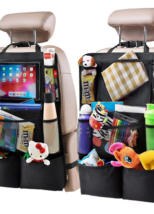 Helteko Backseat Car Organizer, Kick Mats Back Seat Protector with Touch Screen Tablet Holder, Back Seat Organizer for Kids, Travel Accessories with 9 Storage Pockets 2 Pack, Black