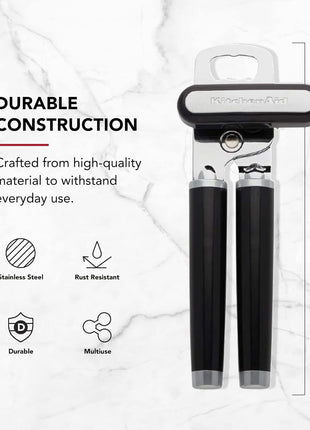 KitchenAid Classic Multifunction Can Opener and Bottle Opener Easy to Use, Razor Sharp Stainless Steel Cutting Wheel, Soft Ergonomic Handles, Black