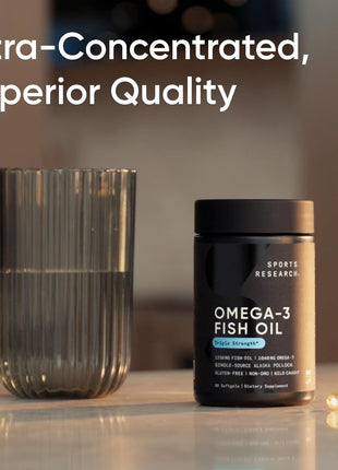Sports Research Triple Strength Omega 3 Fish Oil   Burpless Fish Oil Supplement w/EPA & DHA Fatty Acids from Single Source Wild Alaskan Pollock   1250 mg, 90 ct
