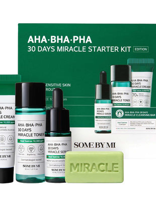 SOME BY MI AHA BHA PHA 30Days Starter Kit - Toner 1.01Oz, Serum 0.33Oz, Cream 0.7Oz, Cleansing Bar 1.05Oz - Mild Exfoliating Daily Skin Care Set - Skin Wastes, Sebum, Oiliness Care - Korean Skin Care