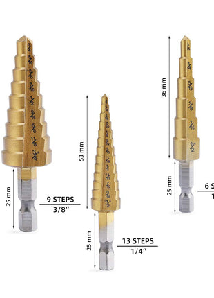 Aleric Step Drill Bit Set - Titanium Coated, High Speed Steel Drill Cone Bits for Aluminum, Wood and Plastic Hole Drilling Cutting, Multi Size Hole Stepped Up Unibit for DIY Lovers,3pcs