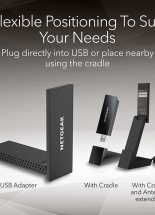 NETGEAR Nighthawk WiFi 6E USB 3.0 Adapter (A8000) - AXE3000 Tri-Band Wireless Gigabit Speed (Up to 3Gbps) - New 6GHz Band – Works with Any WiFi 6 or 6E Router Or Mesh System - for Windows PC