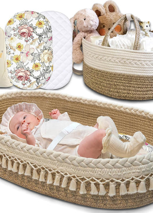 Baby Changing Basket Set with Diaper Caddy Organizer Macrame Boho Moses Basket for Babies, Handmade 100% Cotton Rope, Woven Portable Nursery Decor Waterproof Pad & Floral Pad