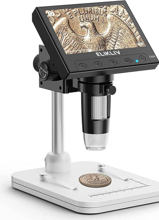 Elikliv Microscope, LCD Digital Coin Microscope 1000x, Coin Magnifier with 8 Adjustable LED Lights, PC View Compatible with Windows/MacBook, EDM4, 4.3-Inch