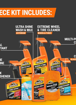 Armor All Premier Car Care Kit, Includes Car Wax & Wash Kit, Glass Cleaner, Car Air Freshener, Tire & Wheel Cleaner (8 Piece Kit)