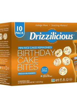 Drizzilicious Mini Flavored Rice Cakes Birthday Cake - Rice Crisps, Healthy Snack for Adults and Kids, Vegan, Gluten Free Snack, Allergen Free, Only 90 Calories Per Bag - 0.74 oz (Pack of 10)