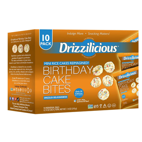 Drizzilicious Mini Flavored Rice Cakes Birthday Cake - Rice Crisps, Healthy Snack for Adults and Kids, Vegan, Gluten Free Snack, Allergen Free, Only 90 Calories Per Bag - 0.74 oz (Pack of 10)