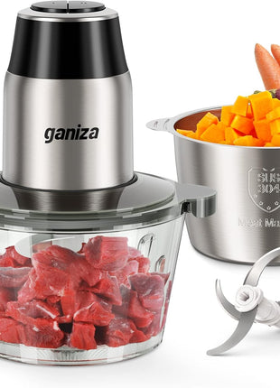 Ganiza Food Processors with 2 Bowls, 450W Meat Grinder Vegetable Chopper | 2-Speed Electric Food Chopper with 8 Cup Glass & 8 Cup Stainless Steel Bowls -Includes 2 Sets of Blades for Fruits/Meat/Nuts