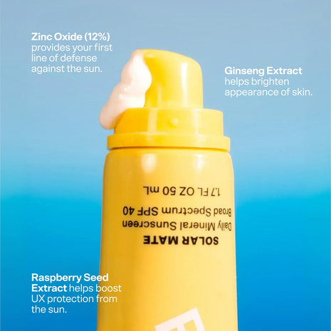 Bubble Skincare Solar Mate Mineral Face Sunscreen Broad Spectrum SPF 40 - Zinc Oxide Sunscreen with Blue Light Protection & Ginseng Extract - Sheer, Lightweight Coverage With No White Cast (50ml)