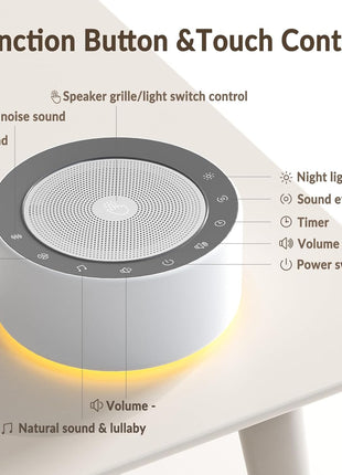 Kipcush White Noise Sound Machine with Nursery Lamp, Mood Lighting, 7 Colour Night Light, 30 Soothing Sounds for Baby/Adult. Timer, Plug in, Memory Function, Touch Control