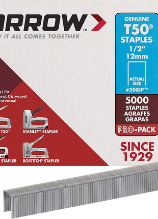 Arrow 508 Heavy Duty T50 1/2-Inch Leg Length, 3/8-Inch Crown, Staples for Upholstery, Construction, Furniture, Crafts, 1250 Count(Pack of 1)