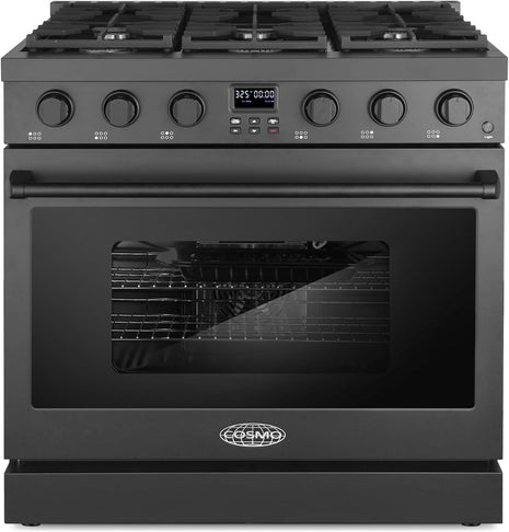 36 in. Lumin Coll 6.1 cu. ft. 6 Burner Gas Range, Convection, Matte Black | Cosmo COS-GRC366KB-BK Sealed Burners, 6 Oven Function, Digital Display with Timer, Cast Iron Grates, LP Convertible