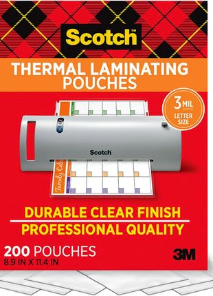 Scotch Thermal Laminating Pouches, 200 Count, Clear, 3 mil., Ideal Office or School Supplies, Fits Letter Sized Paper (8.9 in. × 11.4 in.)