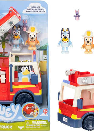 Bluey Firetruck Toy Playset with Firefighter Bingo, Bluey & Bob Bilby, Toddler Fire Truck w/ Spinning Ladder, Water Hoses for Kids Ages 3+
